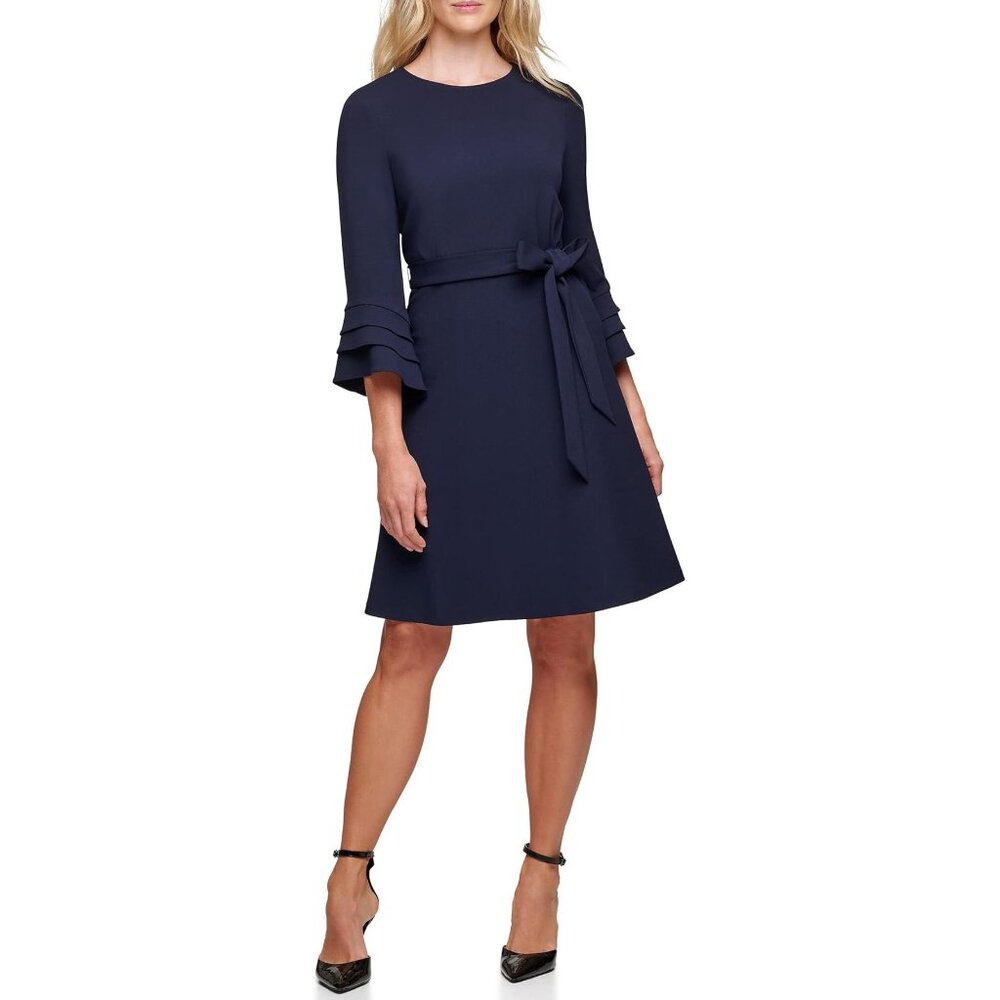 NEW DKNY Womens L/S Triple Ruffle Sleeve Fit and Flare Dress sz 6 blue
